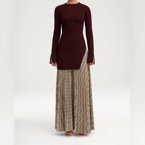 Veiled Pleated Plaid A Line Maxi Skirt (Grey) - Picture 1 of 4